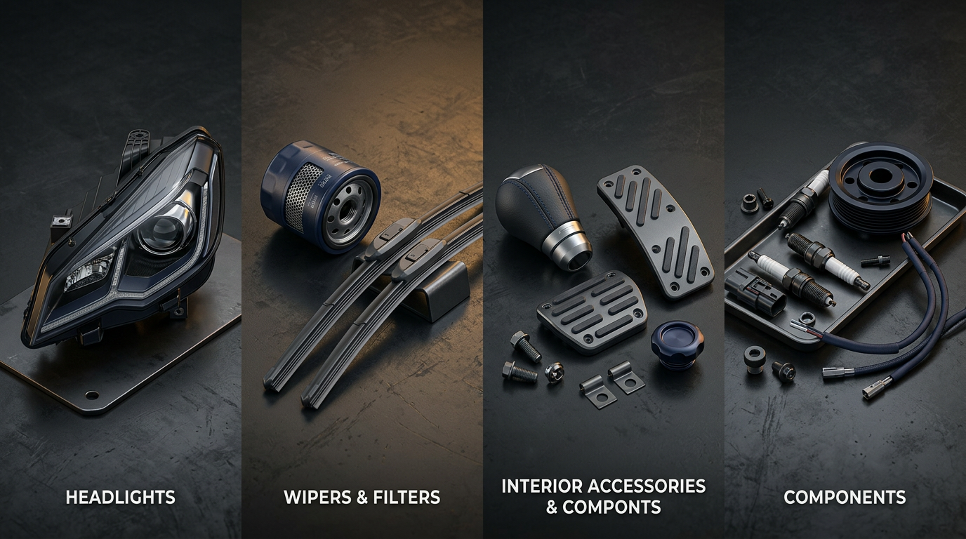 Assorted automotive aftermarket parts arranged on a premium industrial surface