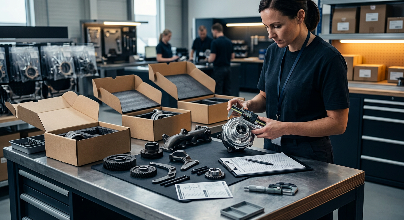 Auto parts inspection and sourcing workflow on an industrial workbench